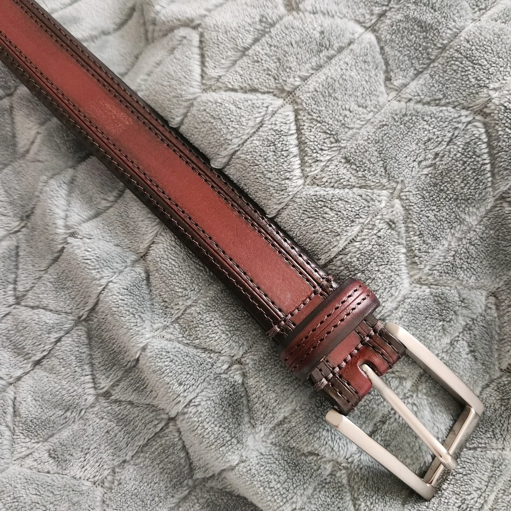Men's Two-Tone Brown Leather Belt Argentina Silver-Tone Buckle 44